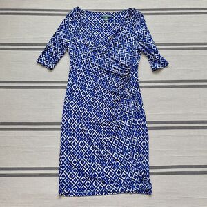Lauren Ralph Lauren Dress Womens 10P Blue Geometric Pattern Ruched Stretch